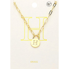 -H- Brass Metal Monogram Lock Pendant Necklace